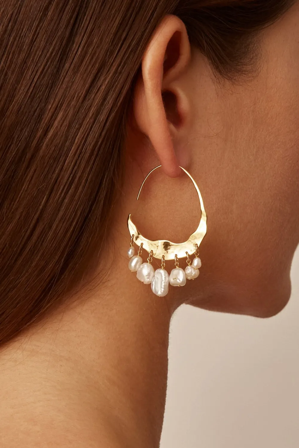 Chan Luu Crescent White Pearl and Gold Hoop Earrings