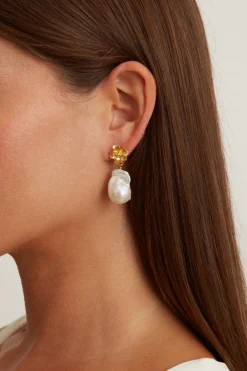 Chan Luu Gold Hibiscus Pearl Drop Earrings