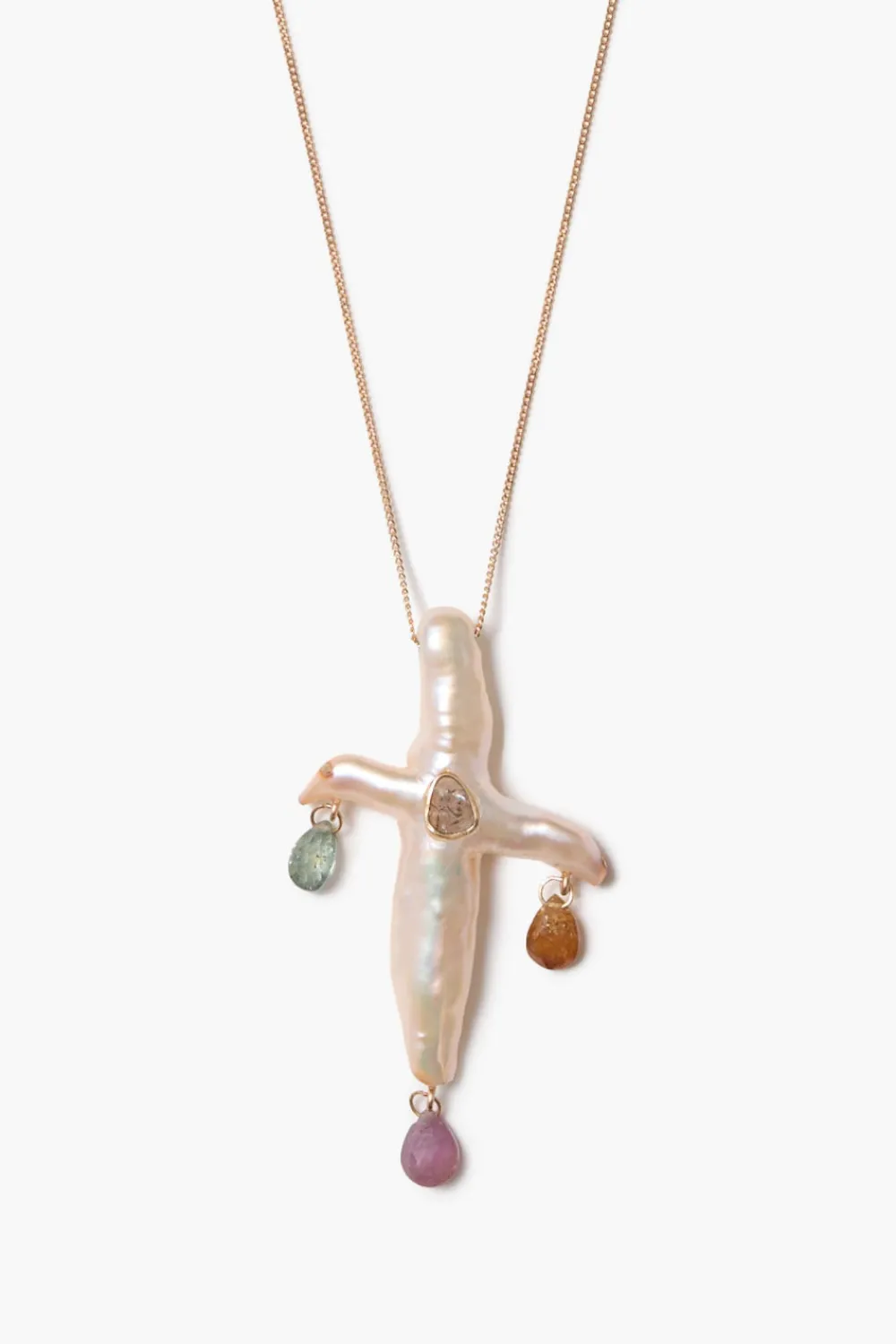 Chan Luu 14k Chandelier Pearl Cross Necklace Natural Pink