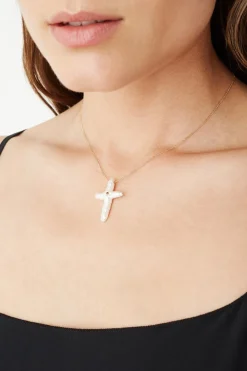 Chan Luu 14k White Baroque Pearl Cross and Champagne Diamond Necklace