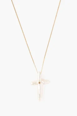 Chan Luu 14k White Baroque Pearl Cross and Champagne Diamond Necklace