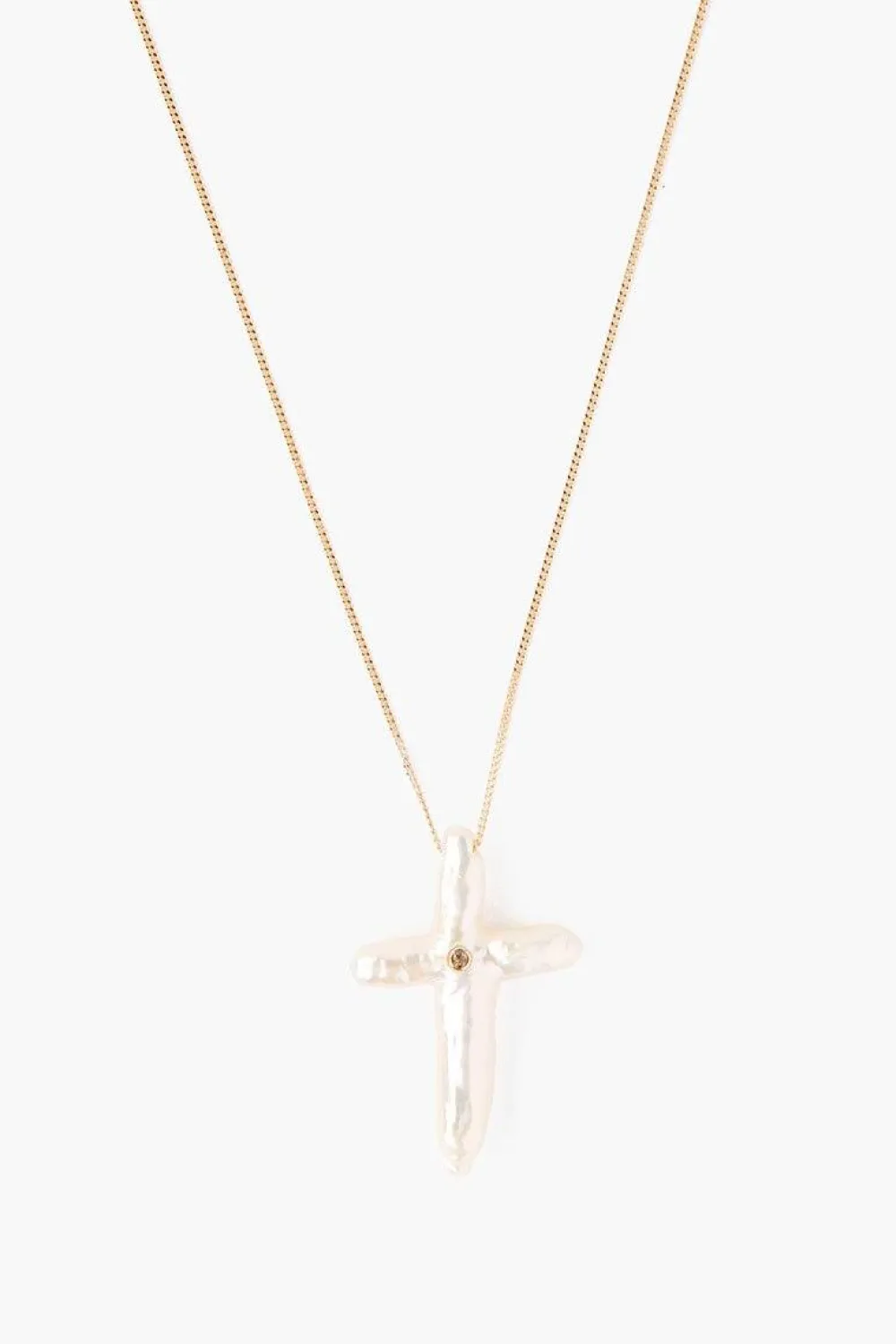 Chan Luu 14k White Baroque Pearl Cross and Champagne Diamond Necklace