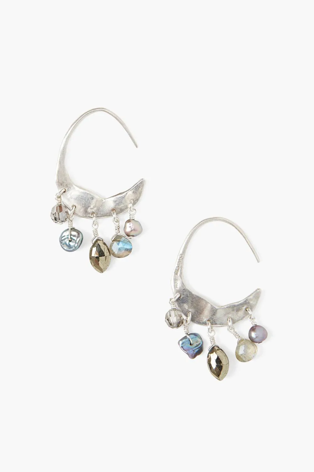 Chan Luu Petite Crescent Grey Pearl and Labradorite Mix Silver Hoop Earrings