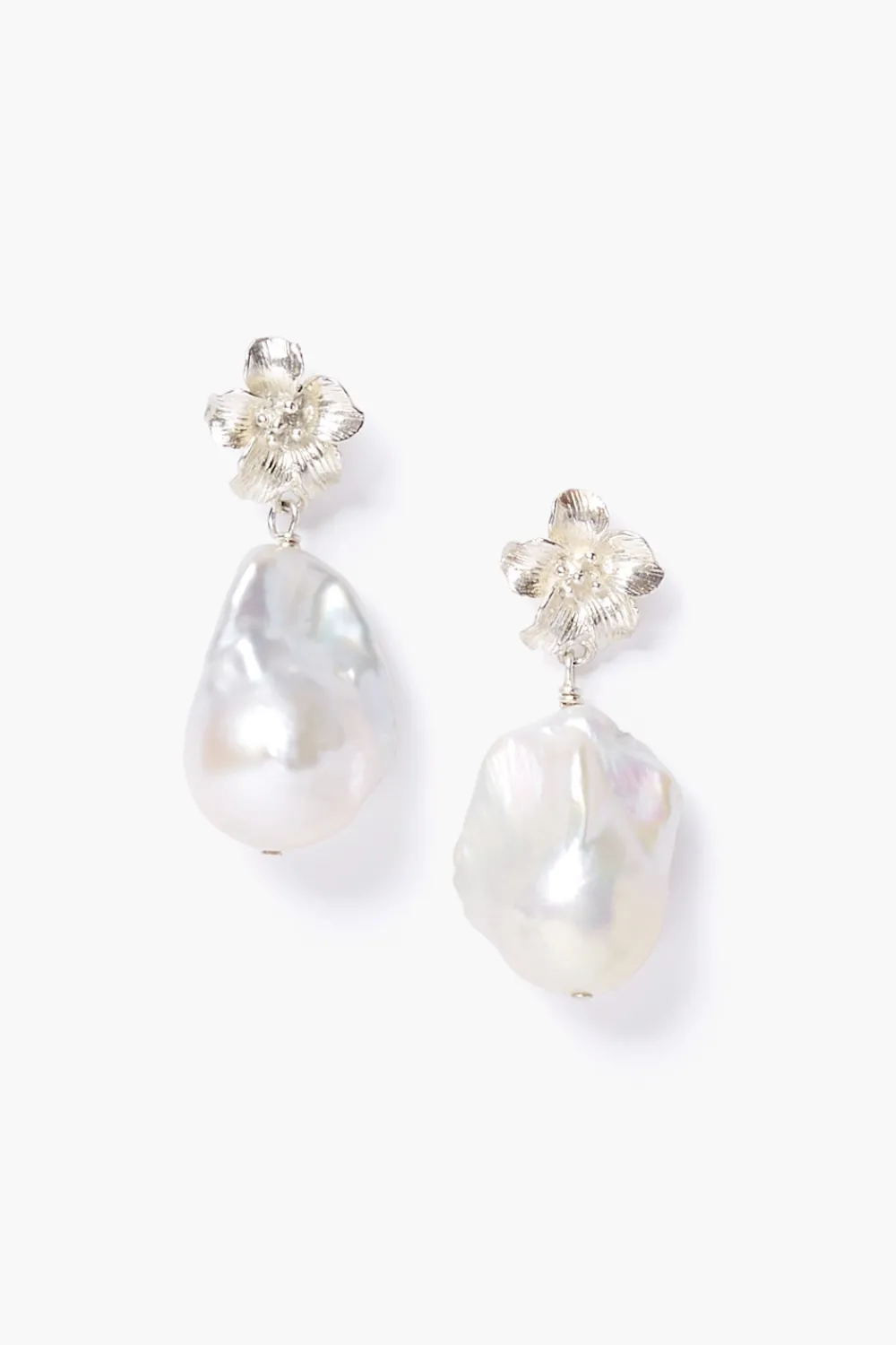Chan Luu Silver Hibiscus Pearl Drop Earrings